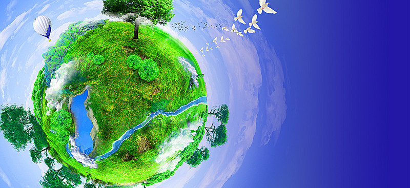 A small green earth with trees, doves and a hot-air balloon against a deep blue sky
